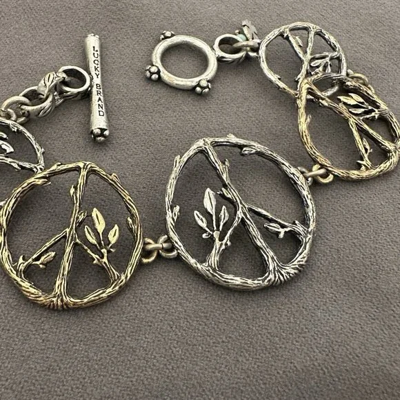 Lucky Brand Peace Symbol Bracelet Toggle Clasp 8" Mixed Metal Twigs & Leaves - Picture 5 of 10